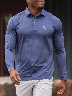 Rhoback Men's Long Sleeve Performance Polo heathered blue color Annapolis Blue M